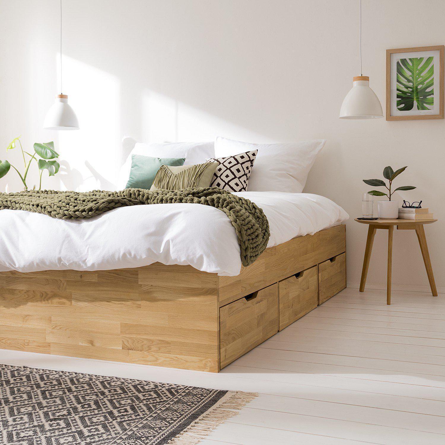 Roble.store Lit en bois massif de chêne avec rangement Sofia